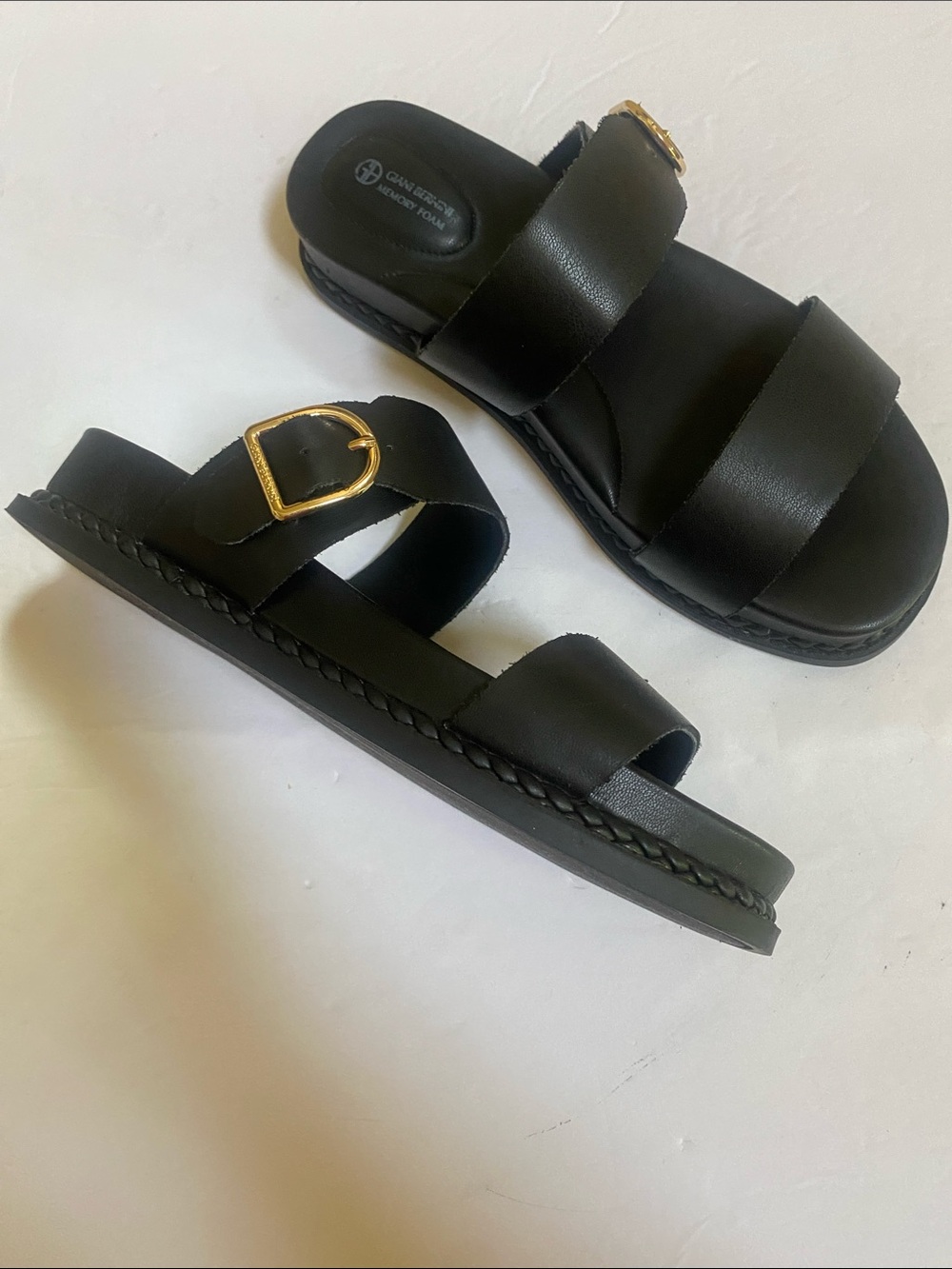 Macy's Giani Bernini 7 Black Slide Sandals Memory Foam with Gold Buckle Accent